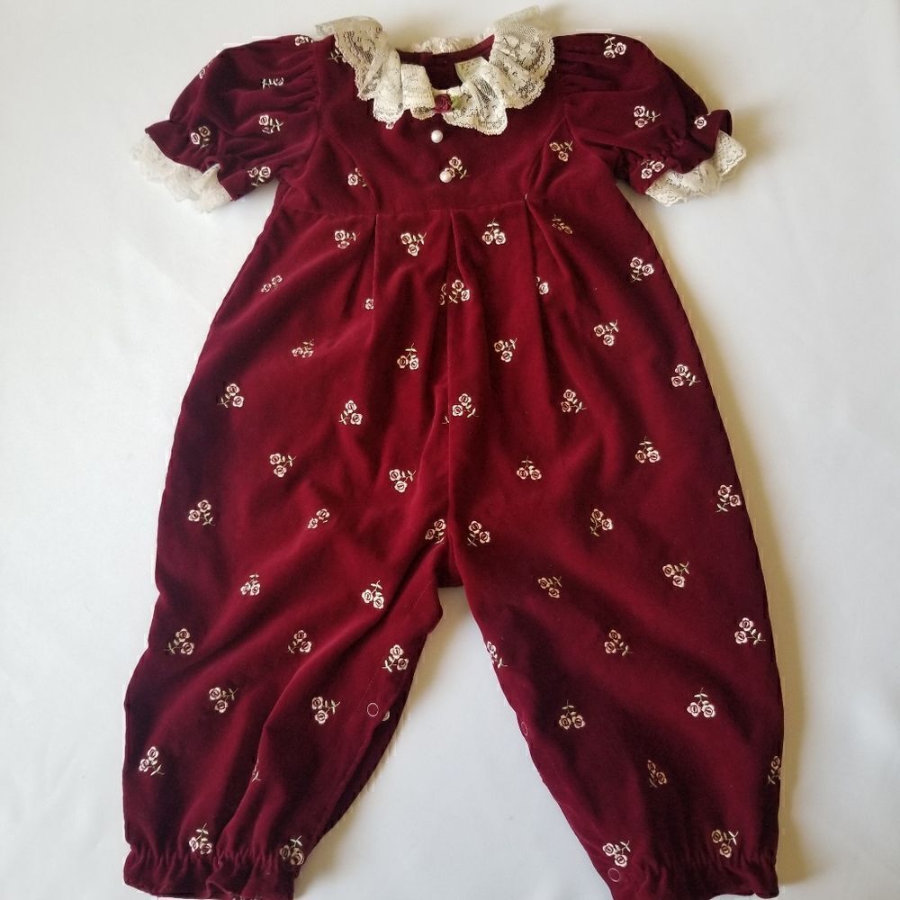 18 Months Burgundy Velvet/Lace Jumpsuit, 18 mos
